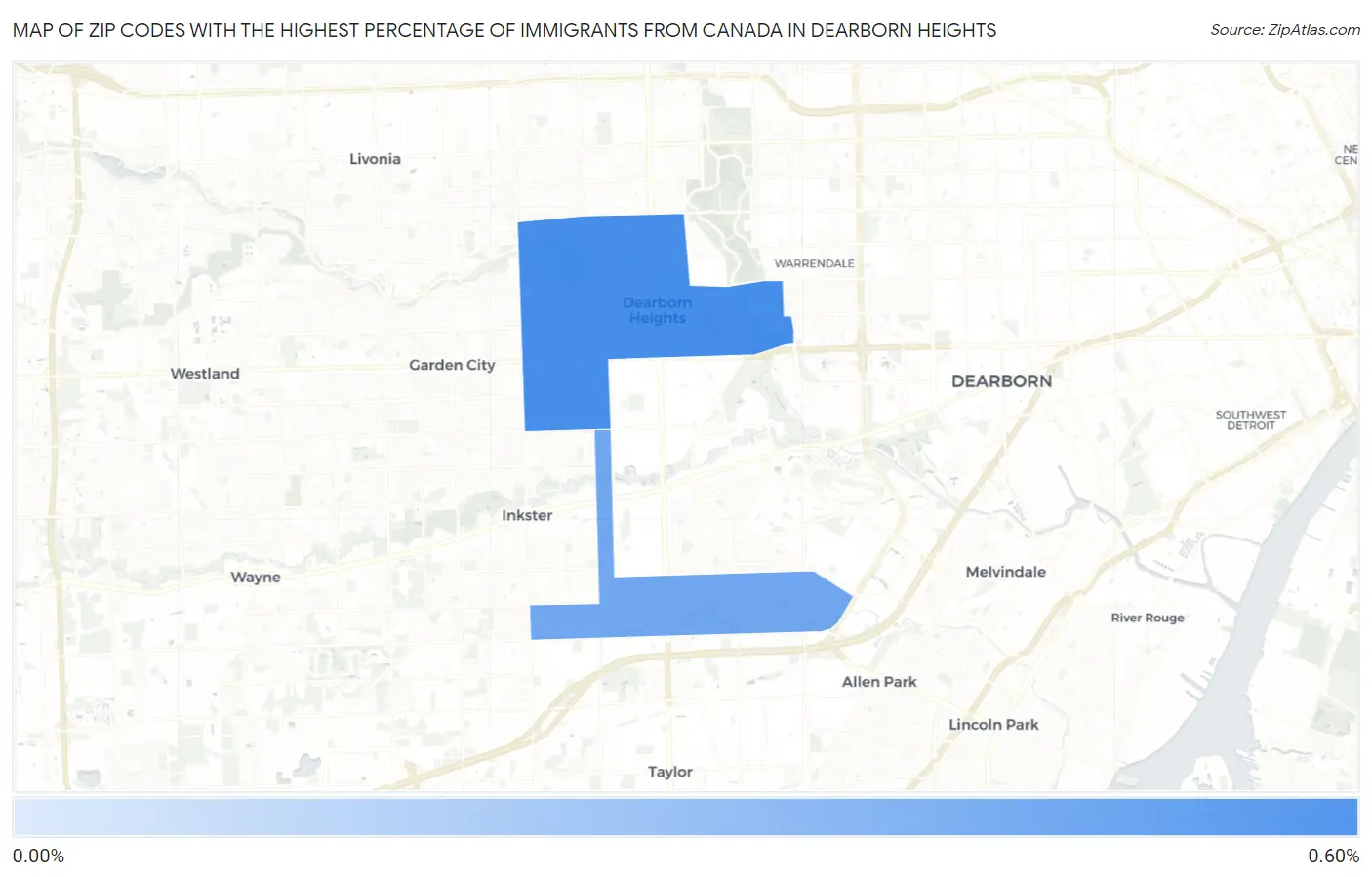 Zip Codes with the Highest Percentage of Immigrants from Canada in Dearborn Heights Map