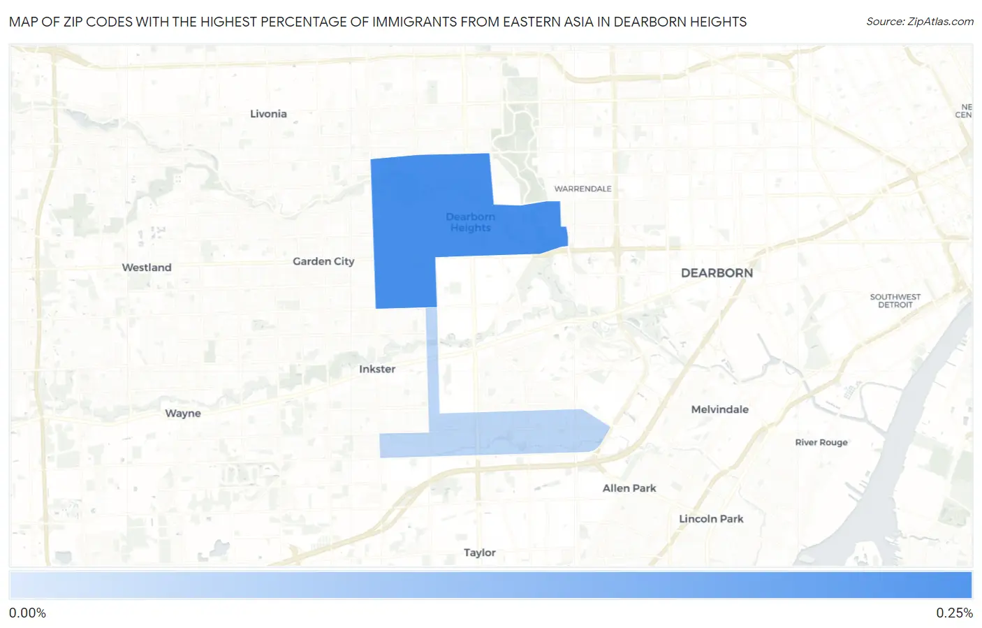 Zip Codes with the Highest Percentage of Immigrants from Eastern Asia in Dearborn Heights Map