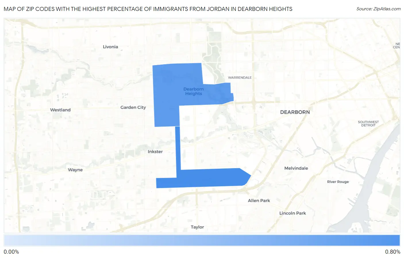 Zip Codes with the Highest Percentage of Immigrants from Jordan in Dearborn Heights Map