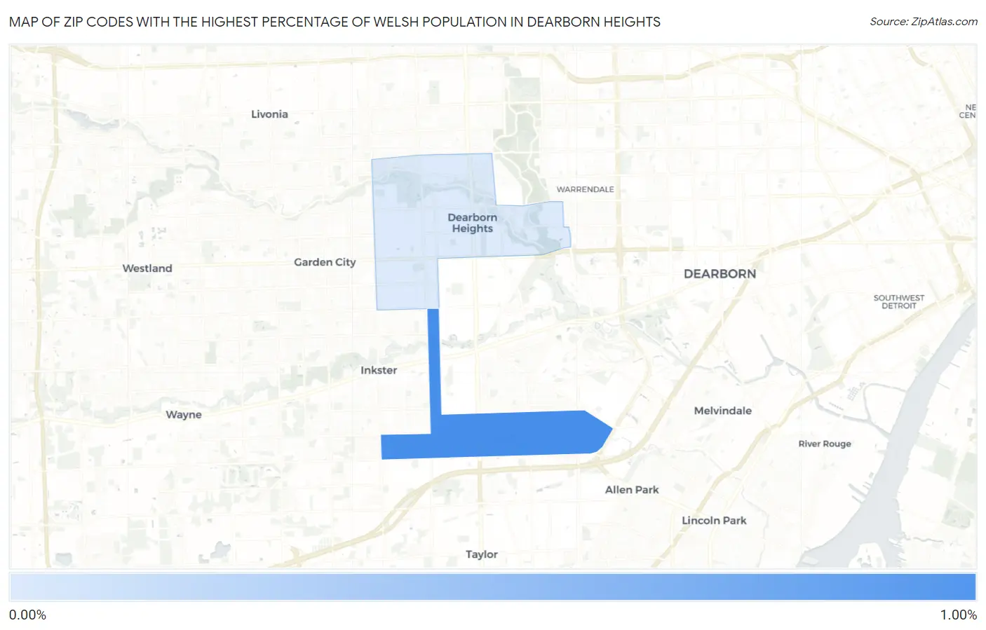 Zip Codes with the Highest Percentage of Welsh Population in Dearborn Heights Map