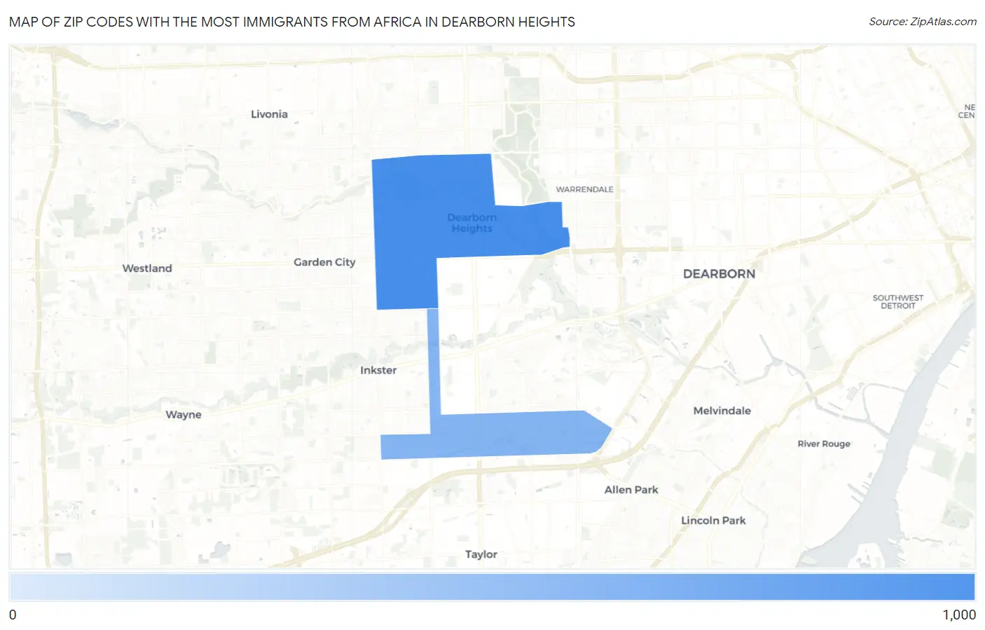 Zip Codes with the Most Immigrants from Africa in Dearborn Heights Map