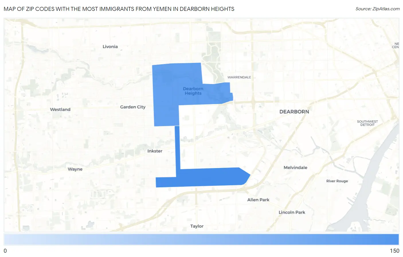Zip Codes with the Most Immigrants from Yemen in Dearborn Heights Map