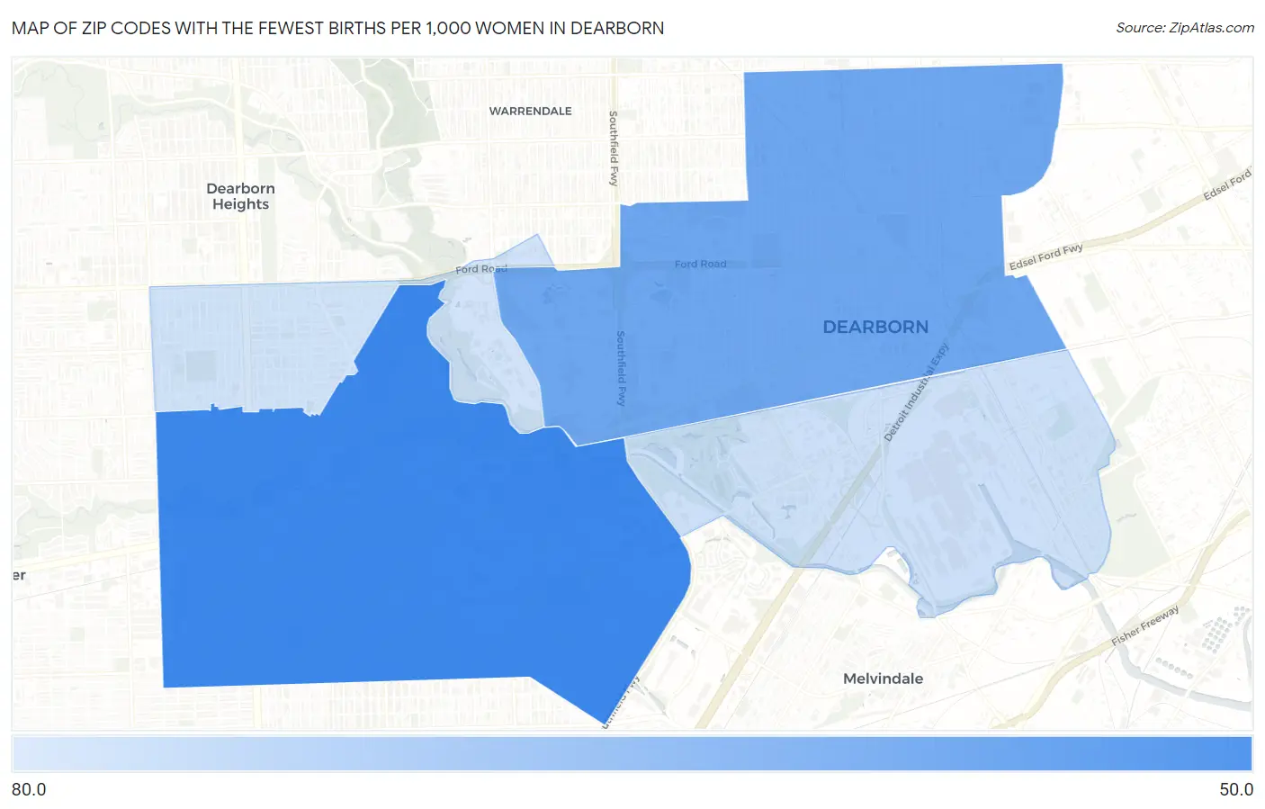 Zip Codes with the Fewest Births per 1,000 Women in Dearborn Map