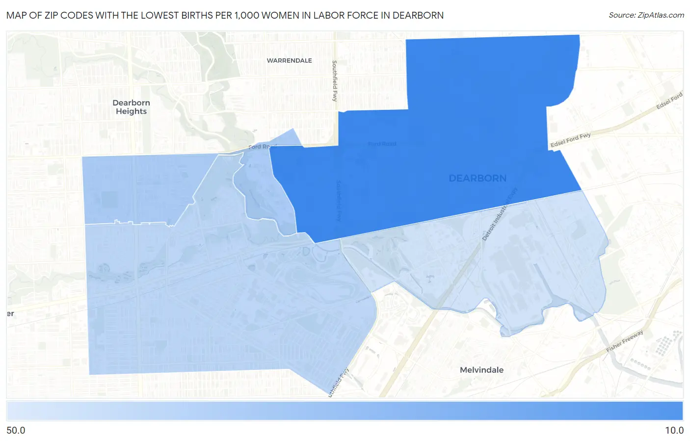 Zip Codes with the Lowest Births per 1,000 Women in Labor Force in Dearborn Map