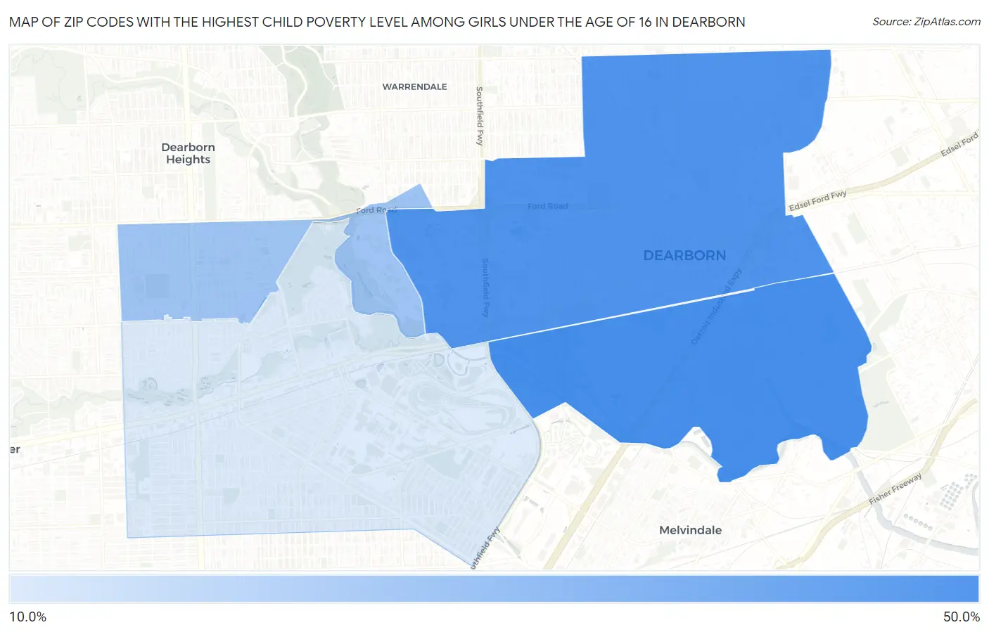 Zip Codes with the Highest Child Poverty Level Among Girls Under the Age of 16 in Dearborn Map