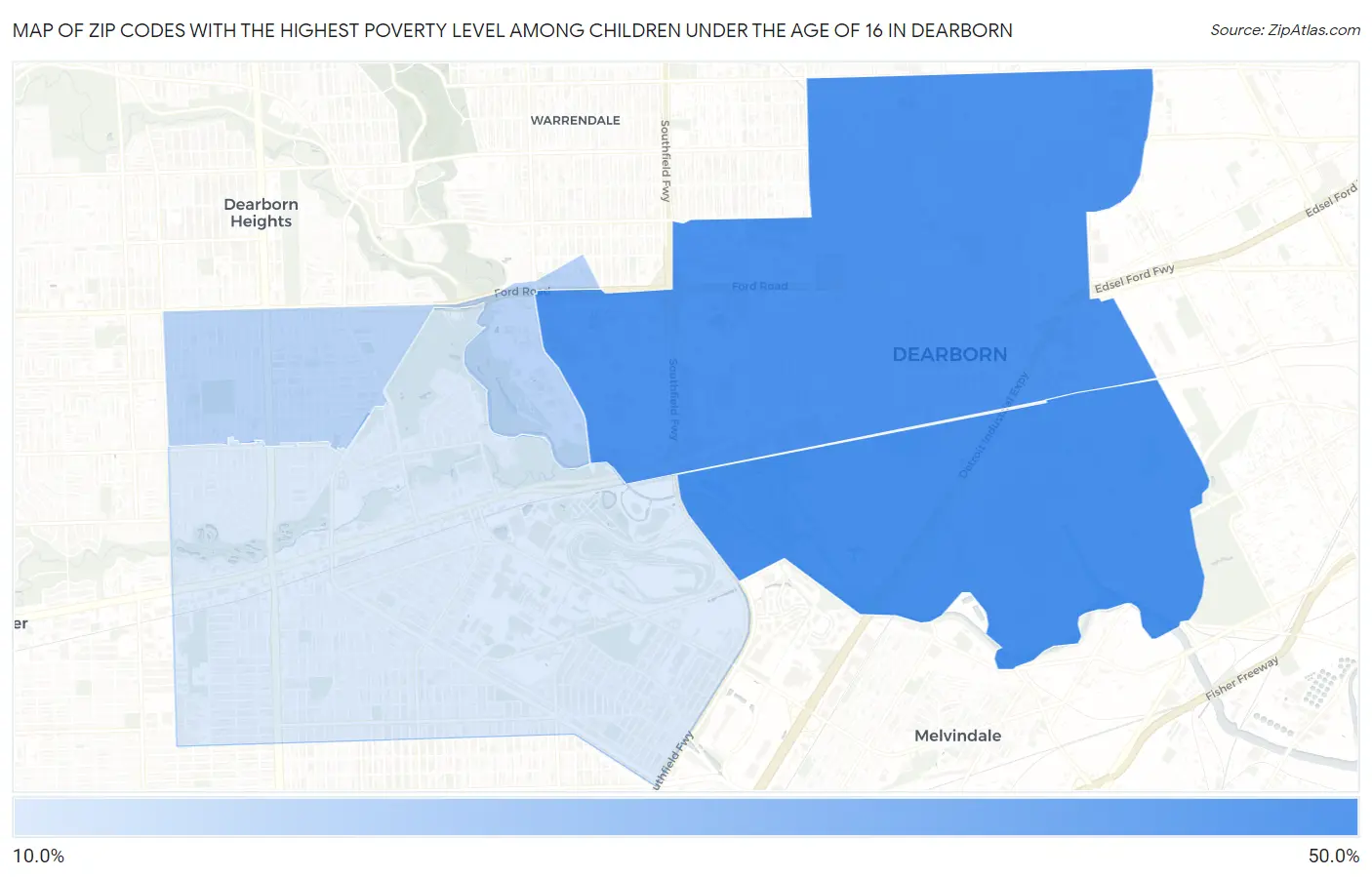 Zip Codes with the Highest Poverty Level Among Children Under the Age of 16 in Dearborn Map
