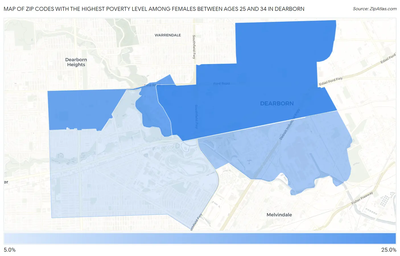 Zip Codes with the Highest Poverty Level Among Females Between Ages 25 and 34 in Dearborn Map