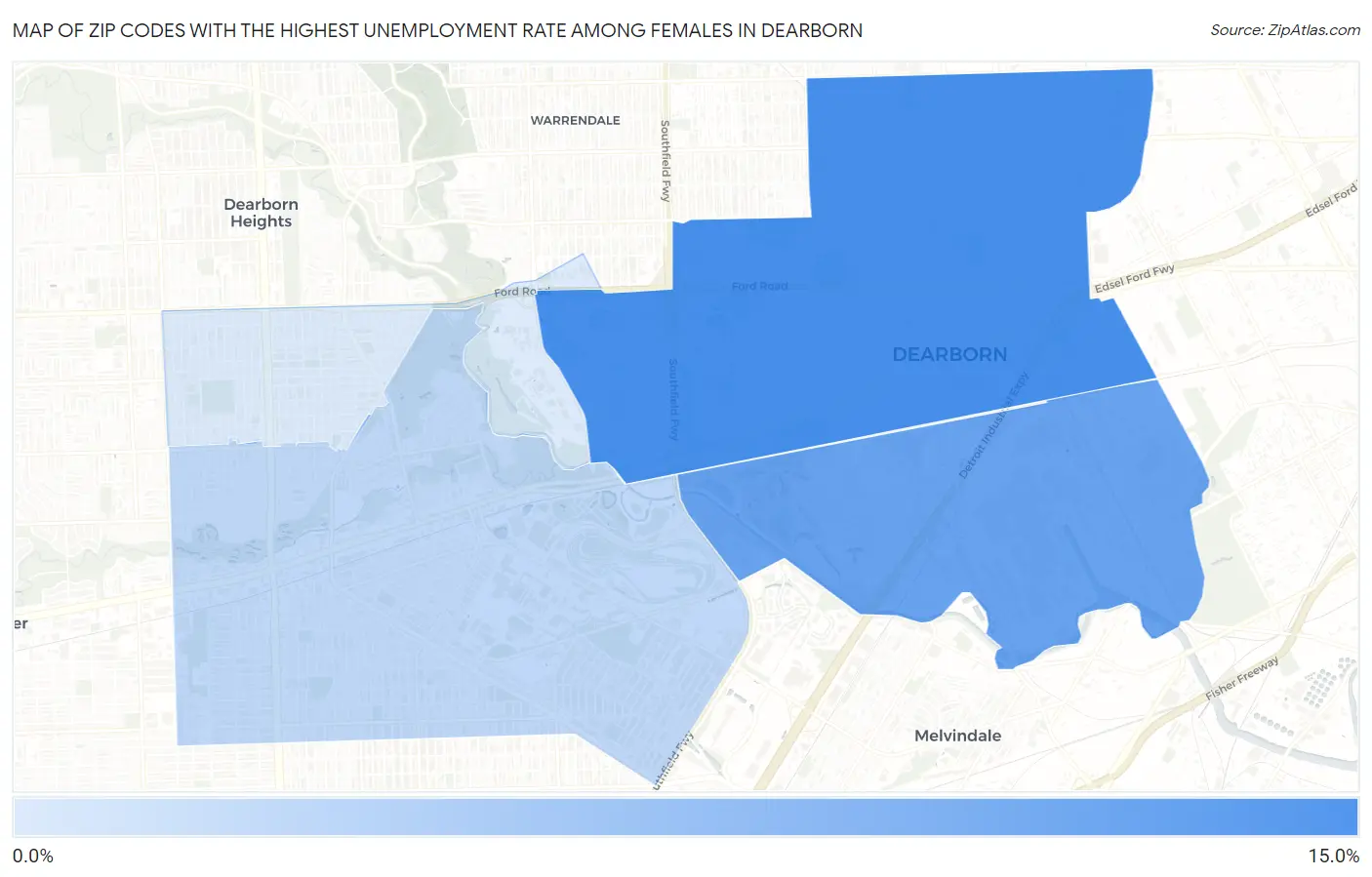 Zip Codes with the Highest Unemployment Rate Among Females in Dearborn Map