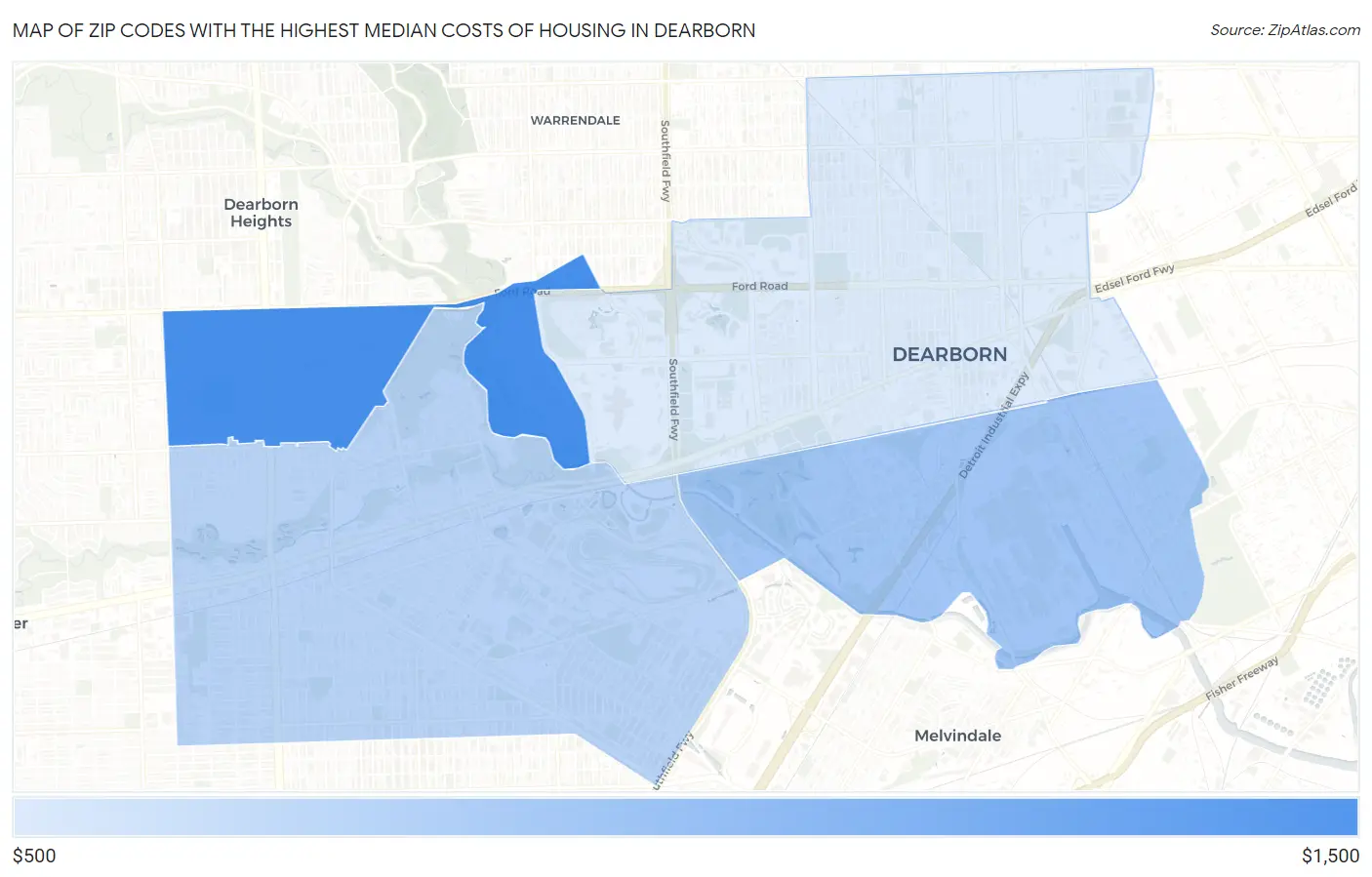 Zip Codes with the Highest Median Costs of Housing in Dearborn Map