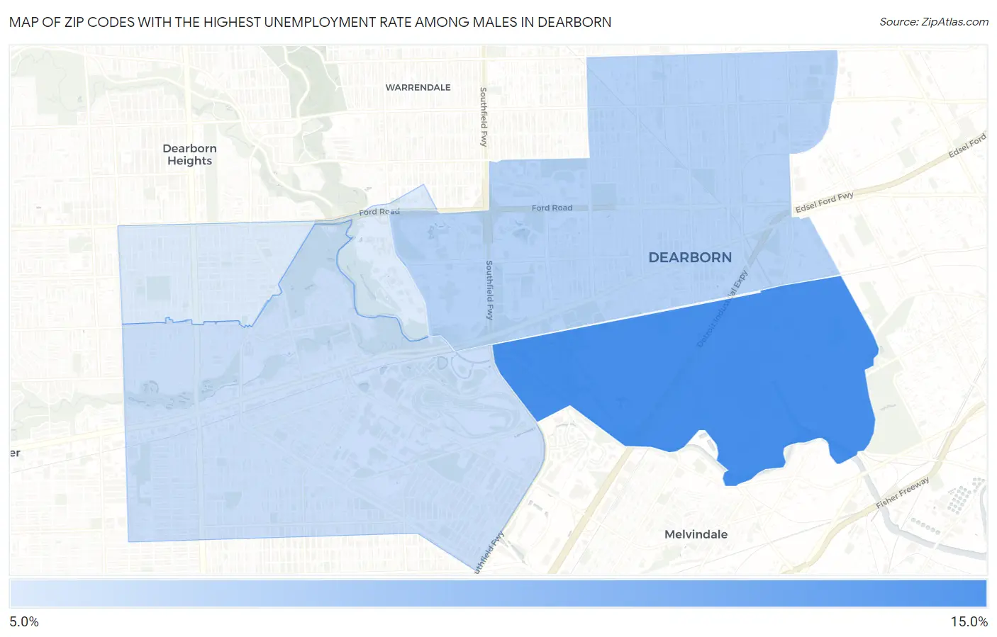 Zip Codes with the Highest Unemployment Rate Among Males in Dearborn Map