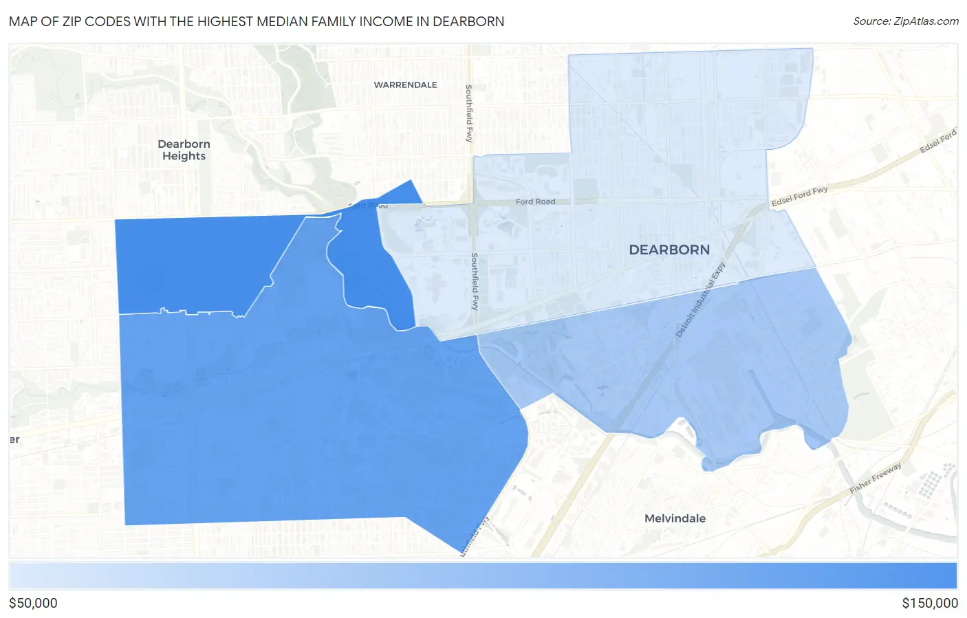 Zip Codes with the Highest Median Family Income in Dearborn Map