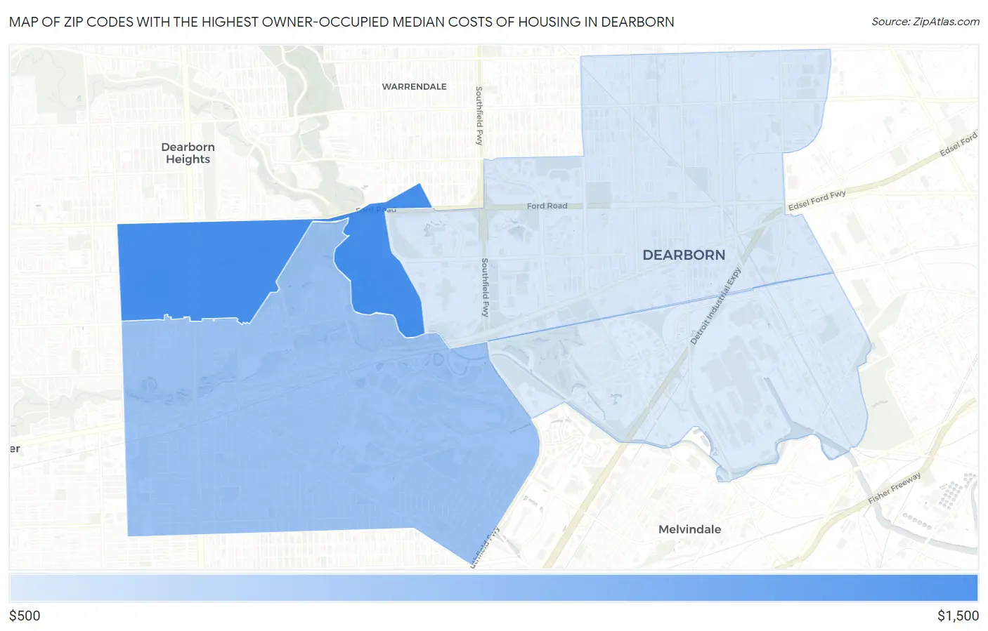 Zip Codes with the Highest Owner-Occupied Median Costs of Housing in Dearborn Map