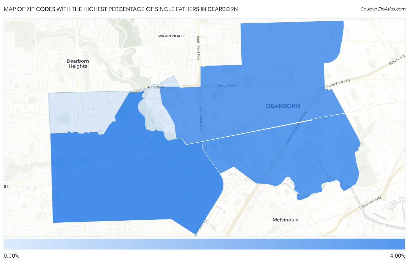 Zip Codes with the Highest Percentage of Single Fathers in Dearborn Map