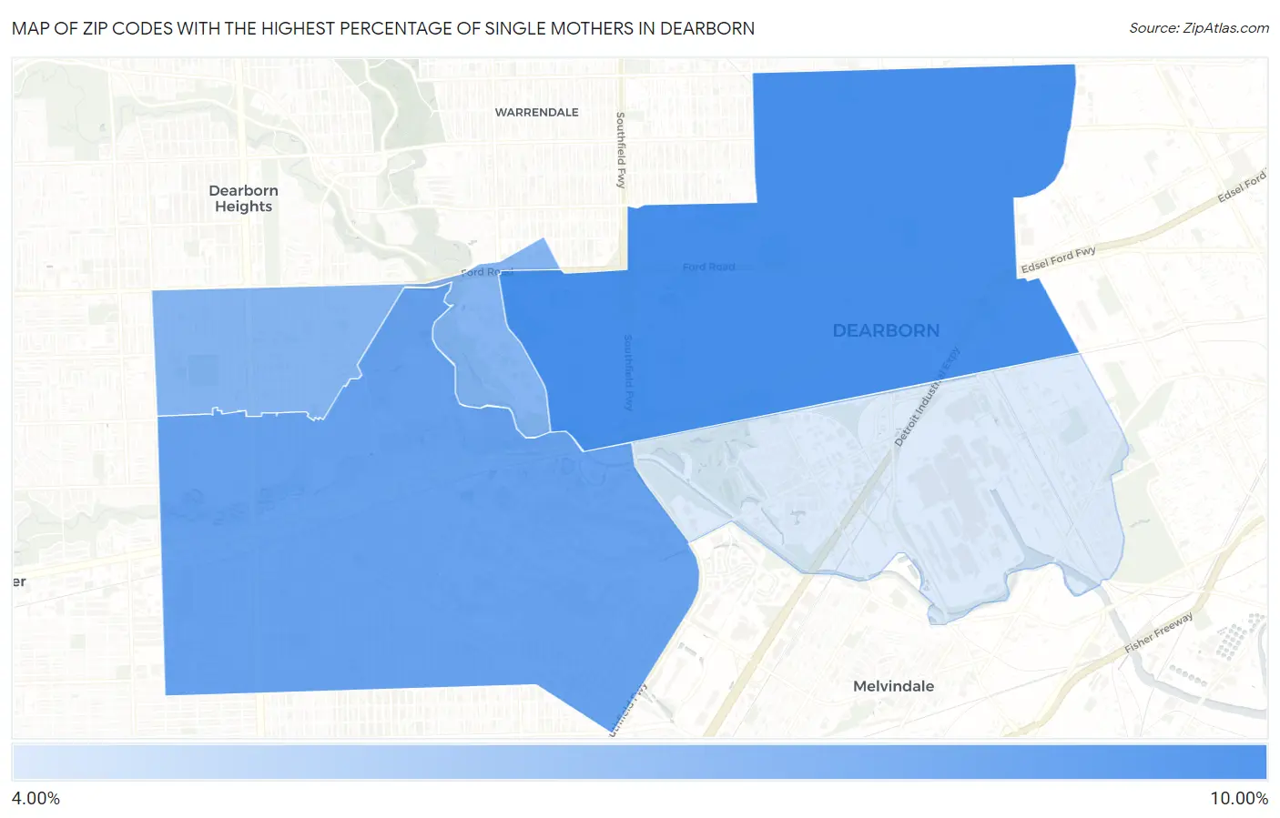 Zip Codes with the Highest Percentage of Single Mothers in Dearborn Map