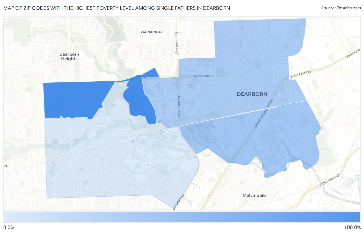 Zip Codes with the Highest Poverty Level Among Single Fathers in Dearborn Map