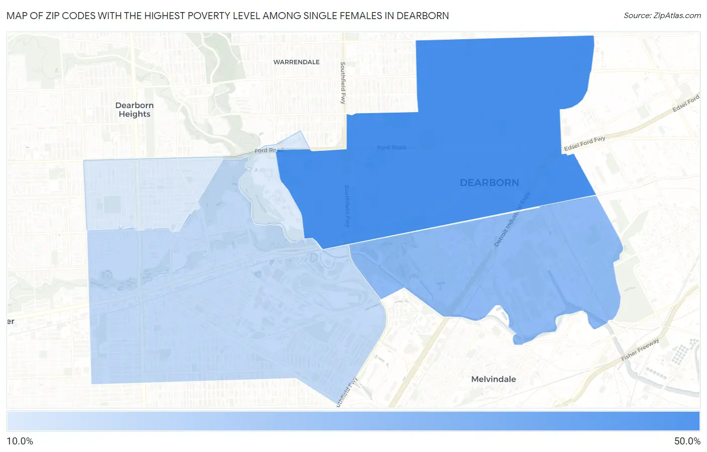 Zip Codes with the Highest Poverty Level Among Single Females in Dearborn Map