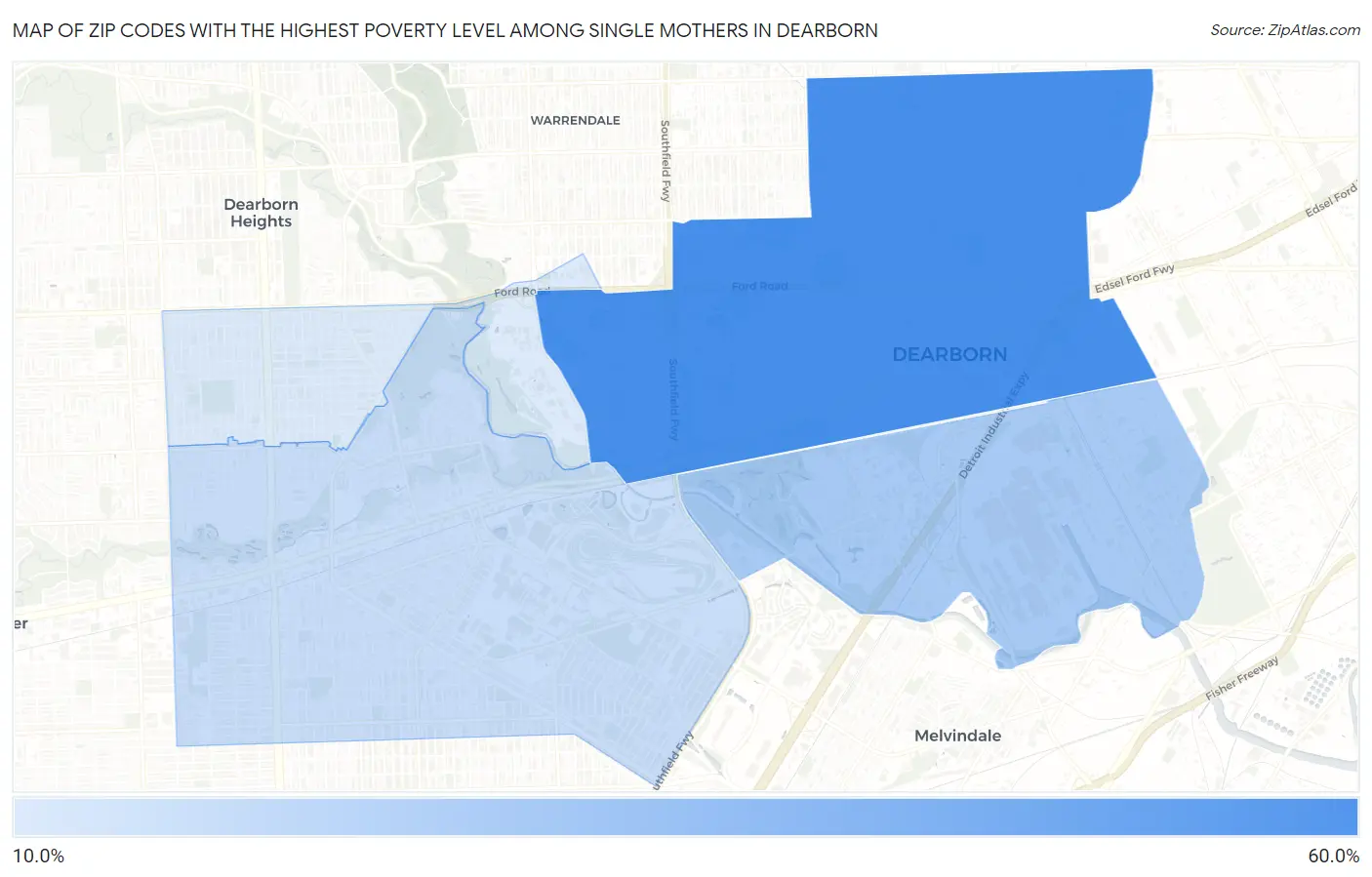 Zip Codes with the Highest Poverty Level Among Single Mothers in Dearborn Map