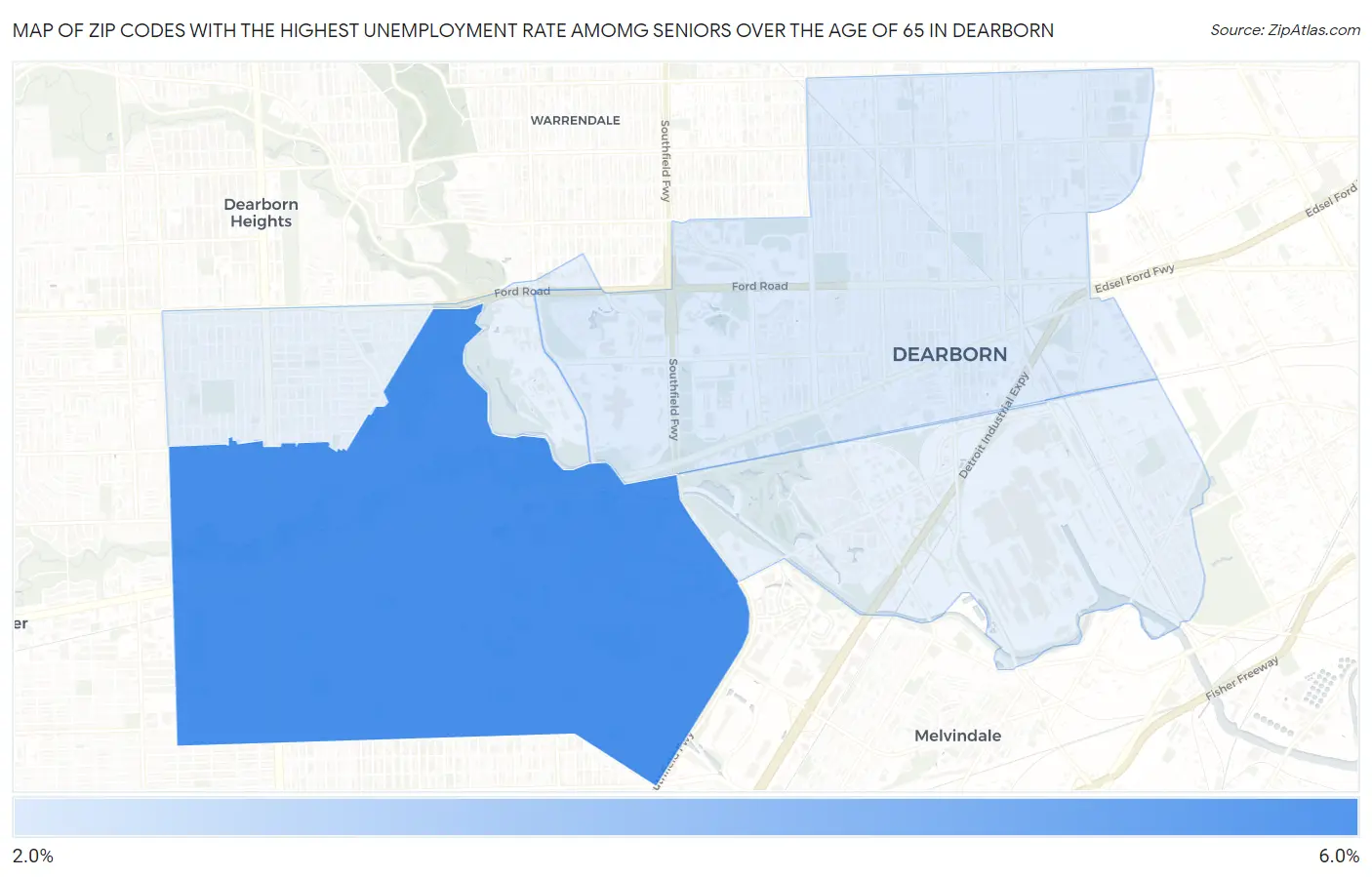 Zip Codes with the Highest Unemployment Rate Amomg Seniors Over the Age of 65 in Dearborn Map