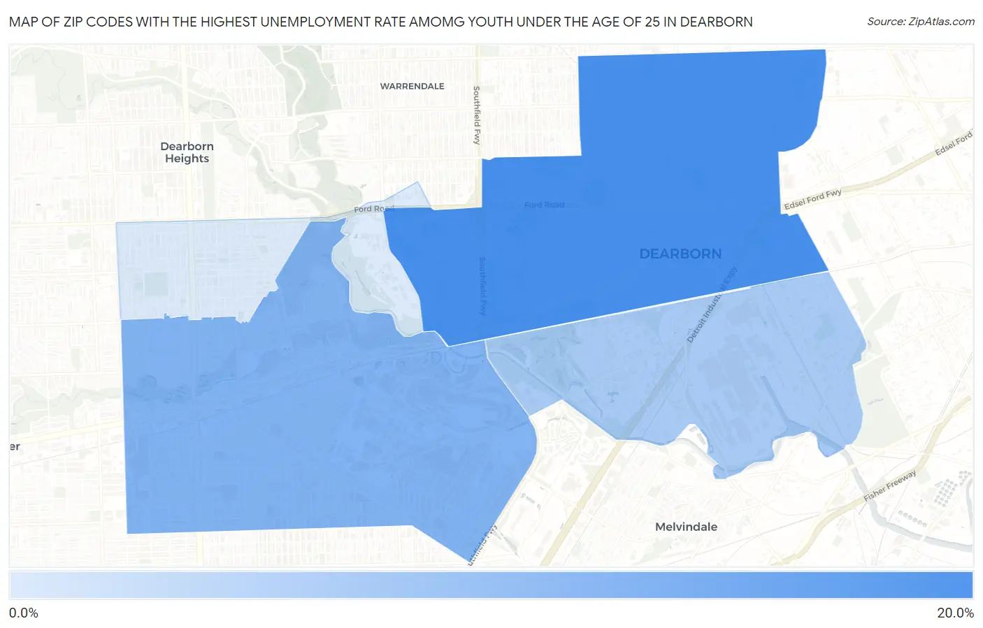 Zip Codes with the Highest Unemployment Rate Amomg Youth Under the Age of 25 in Dearborn Map