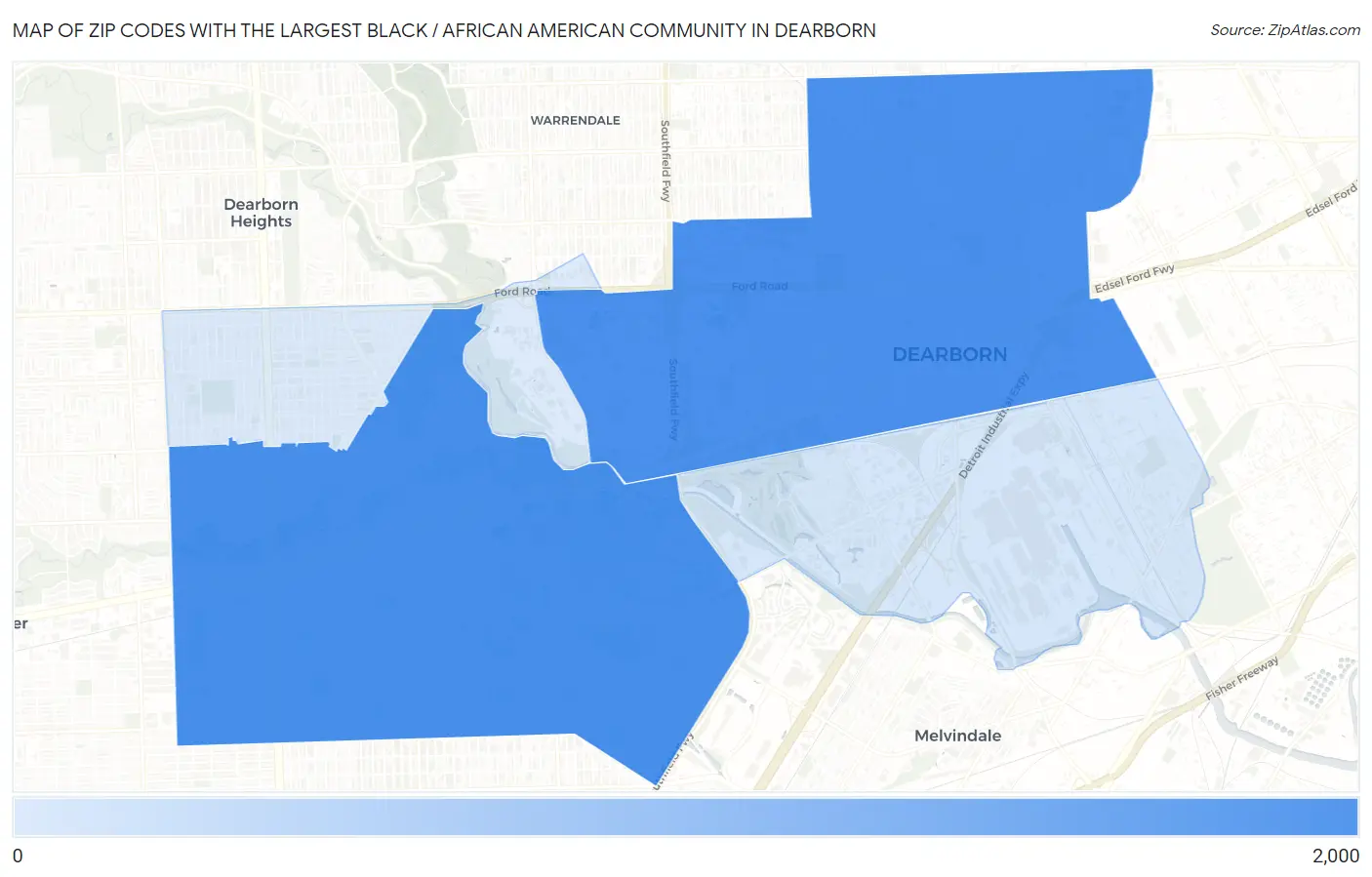 Zip Codes with the Largest Black / African American Community in Dearborn Map