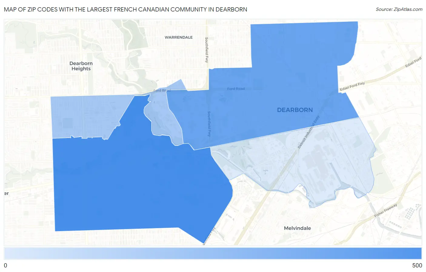 Zip Codes with the Largest French Canadian Community in Dearborn Map
