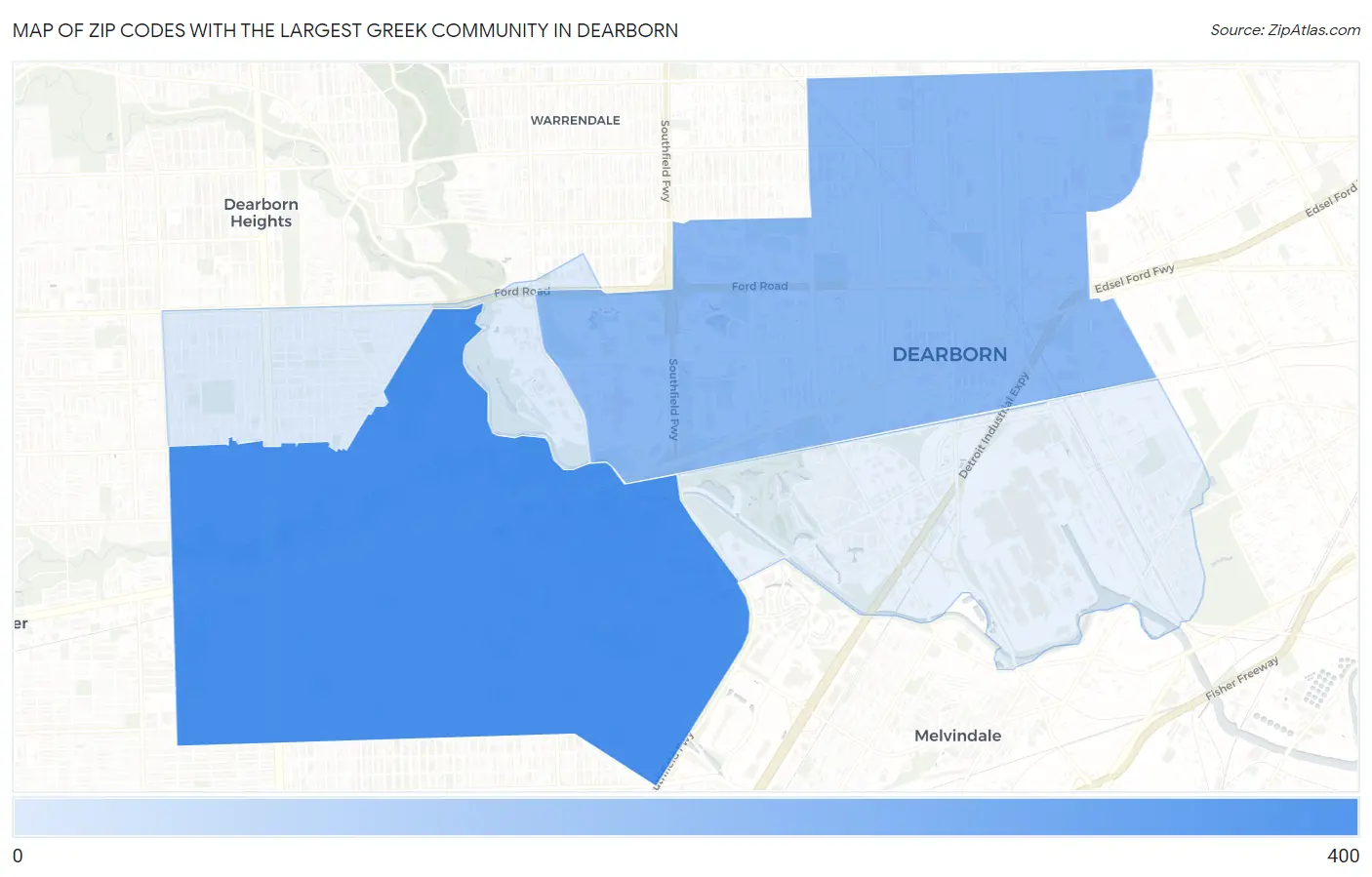 Zip Codes with the Largest Greek Community in Dearborn Map