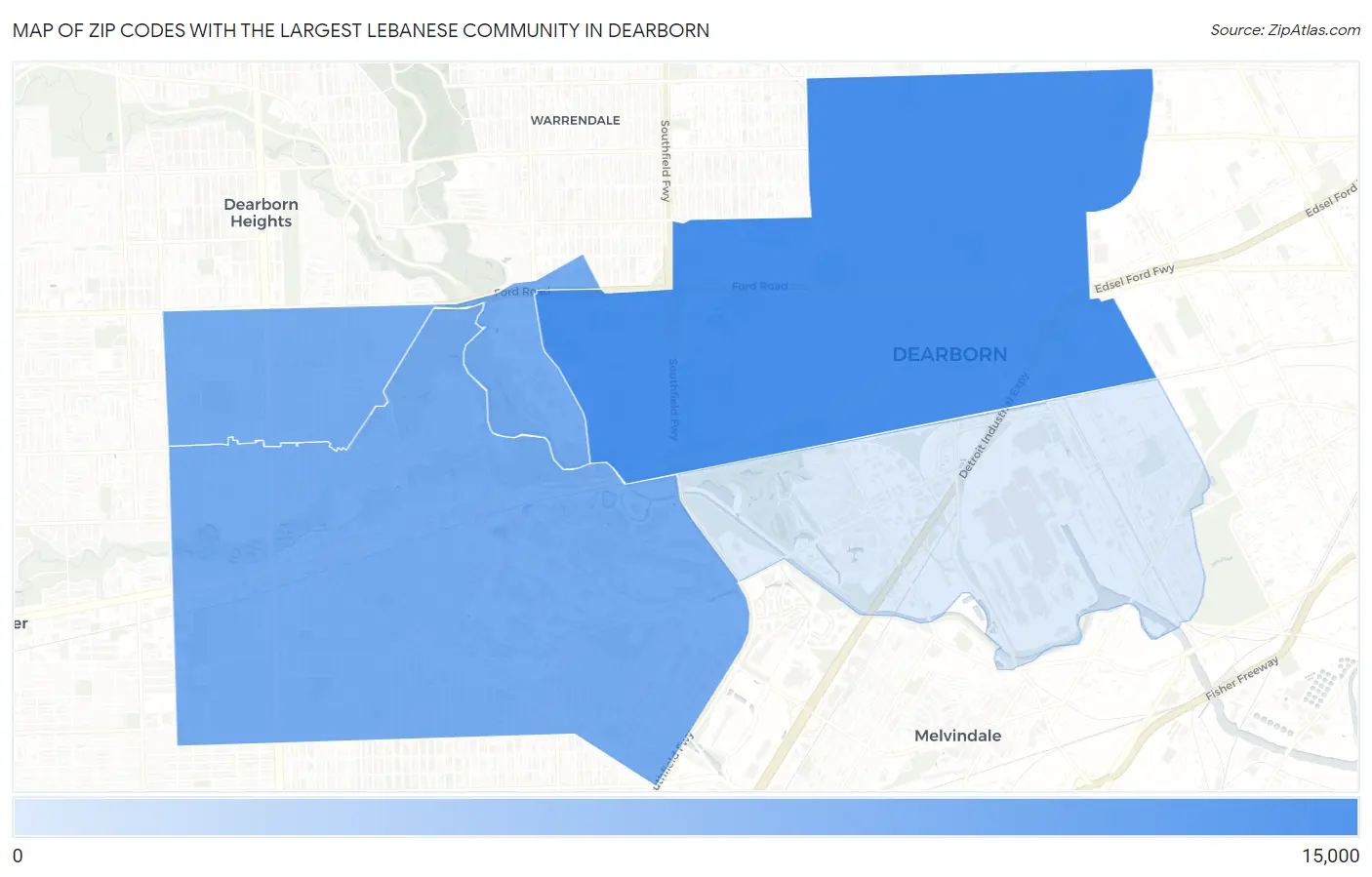 Zip Codes with the Largest Lebanese Community in Dearborn Map