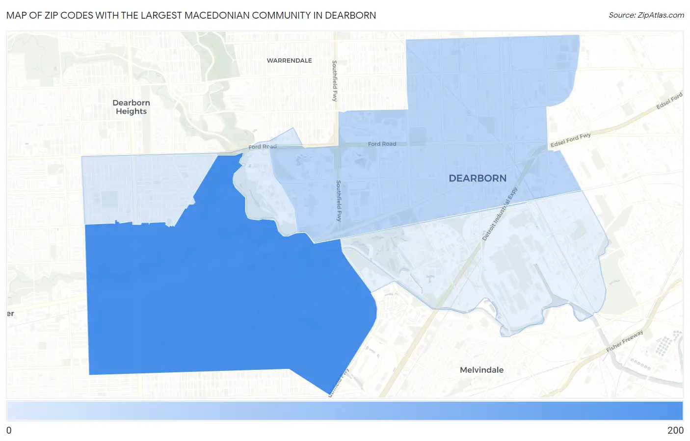 Zip Codes with the Largest Macedonian Community in Dearborn Map
