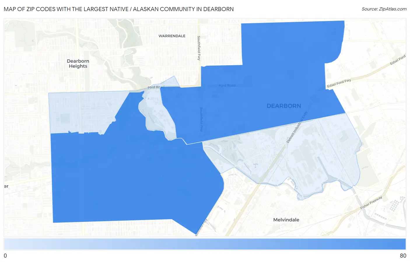 Zip Codes with the Largest Native / Alaskan Community in Dearborn Map