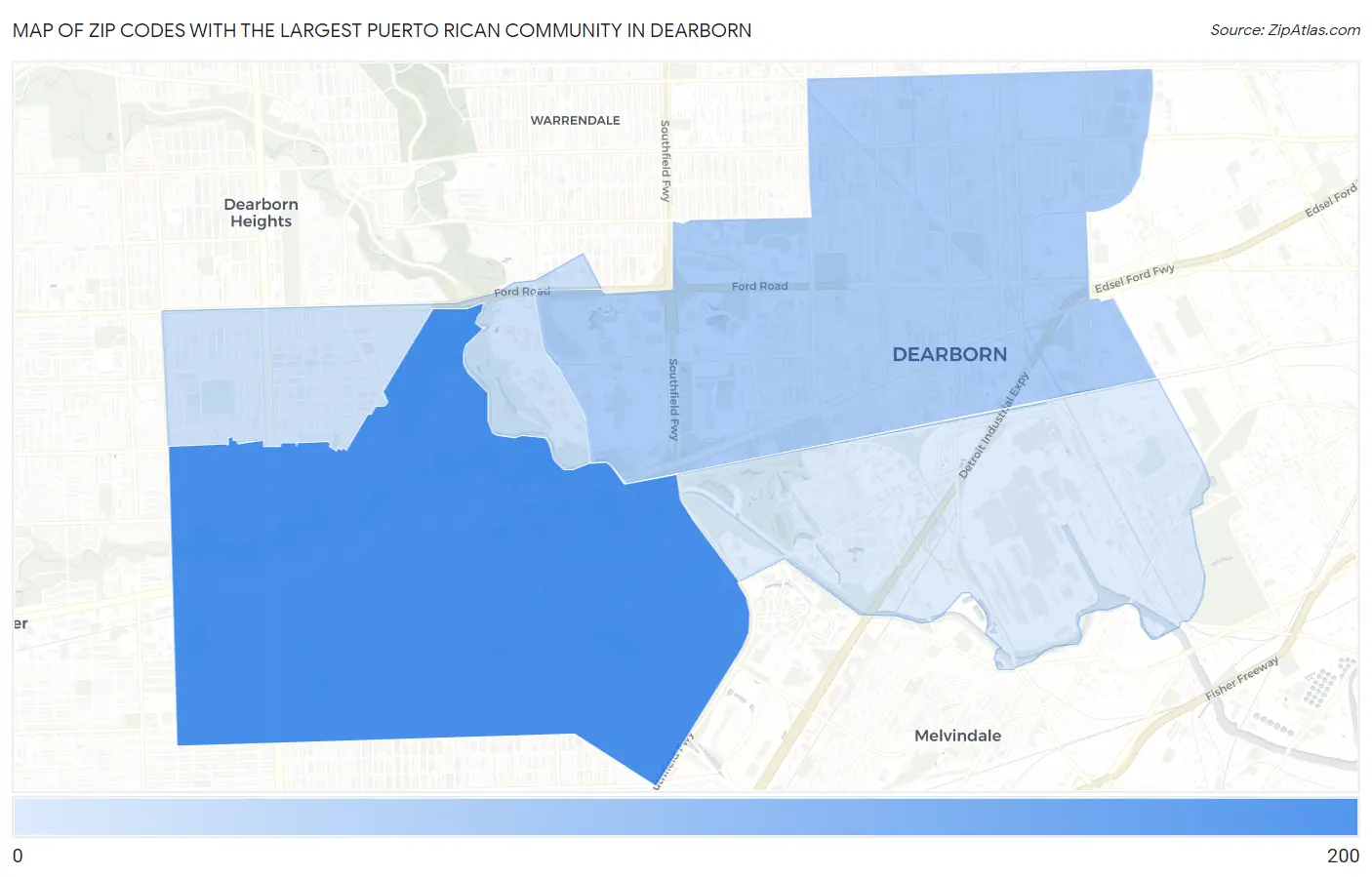 Zip Codes with the Largest Puerto Rican Community in Dearborn Map