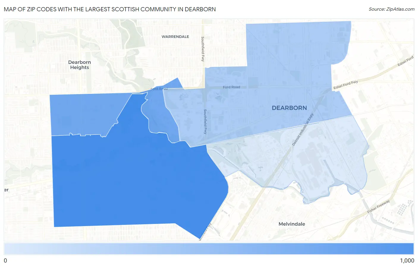 Zip Codes with the Largest Scottish Community in Dearborn Map