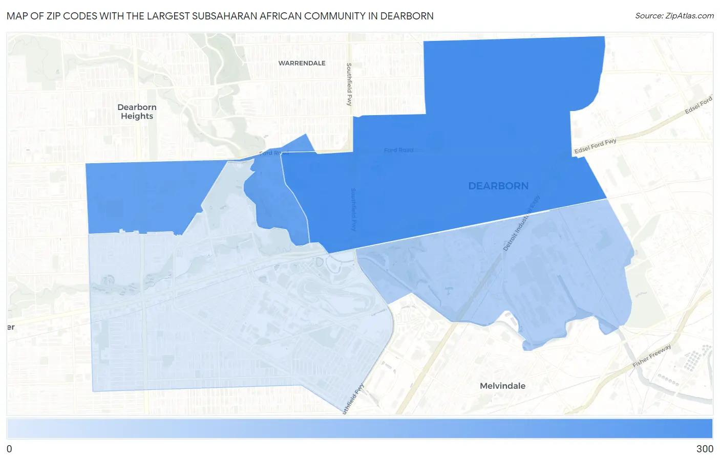 Zip Codes with the Largest Subsaharan African Community in Dearborn Map
