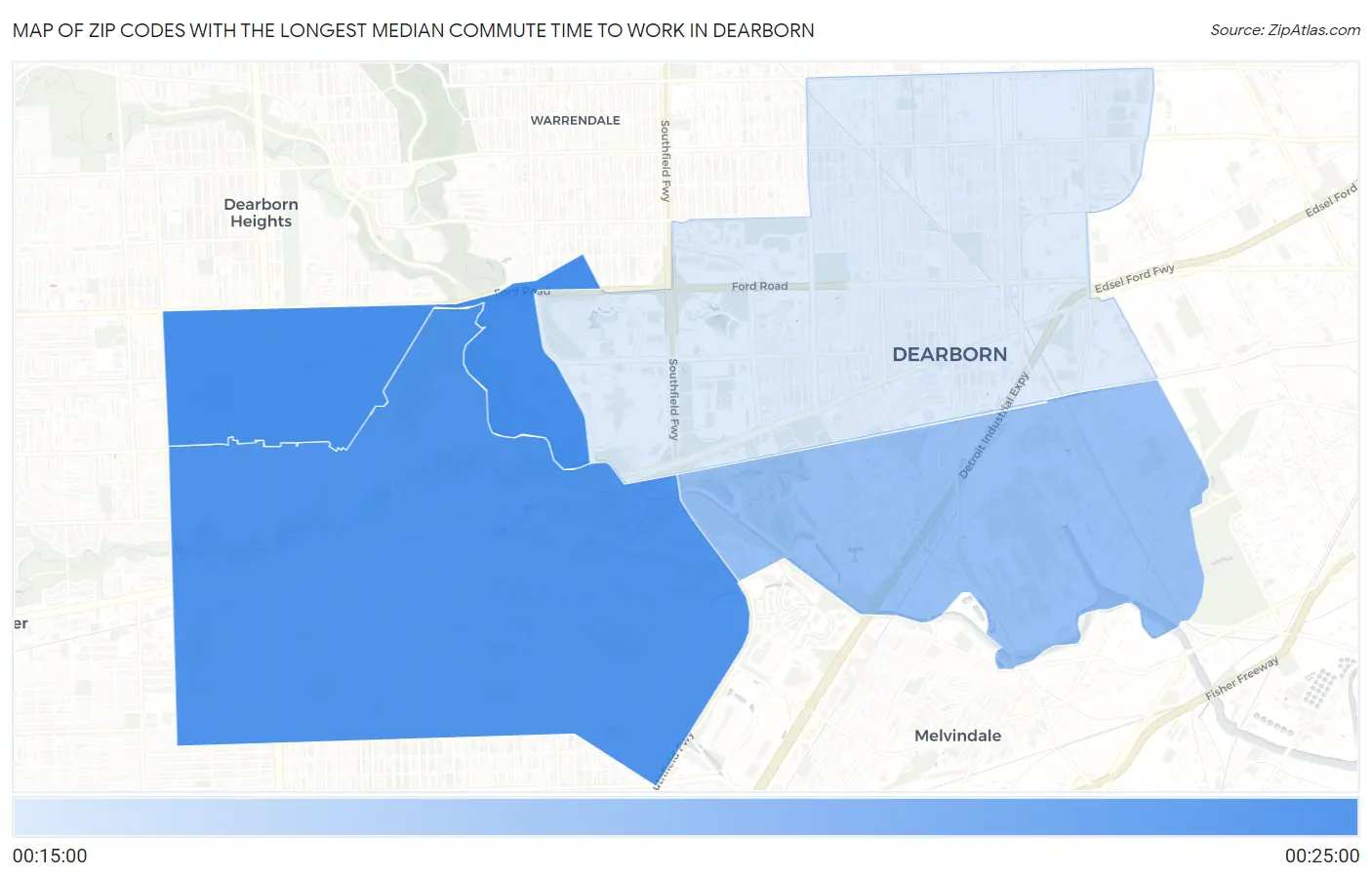 Zip Codes with the Longest Median Commute Time to Work in Dearborn Map
