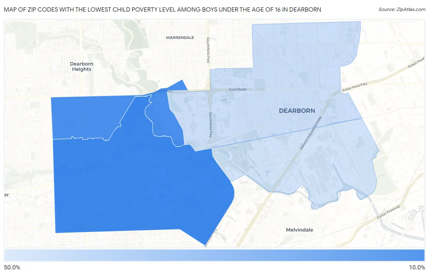 Zip Codes with the Lowest Child Poverty Level Among Boys Under the Age of 16 in Dearborn Map