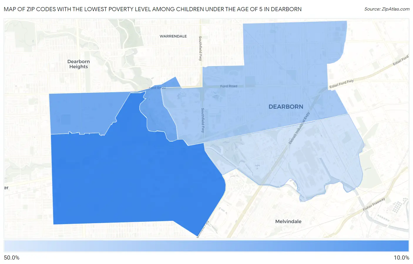 Zip Codes with the Lowest Poverty Level Among Children Under the Age of 5 in Dearborn Map
