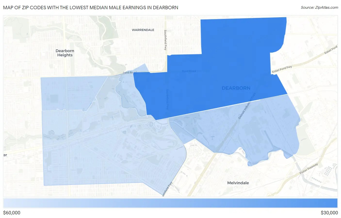 Zip Codes with the Lowest Median Male Earnings in Dearborn Map
