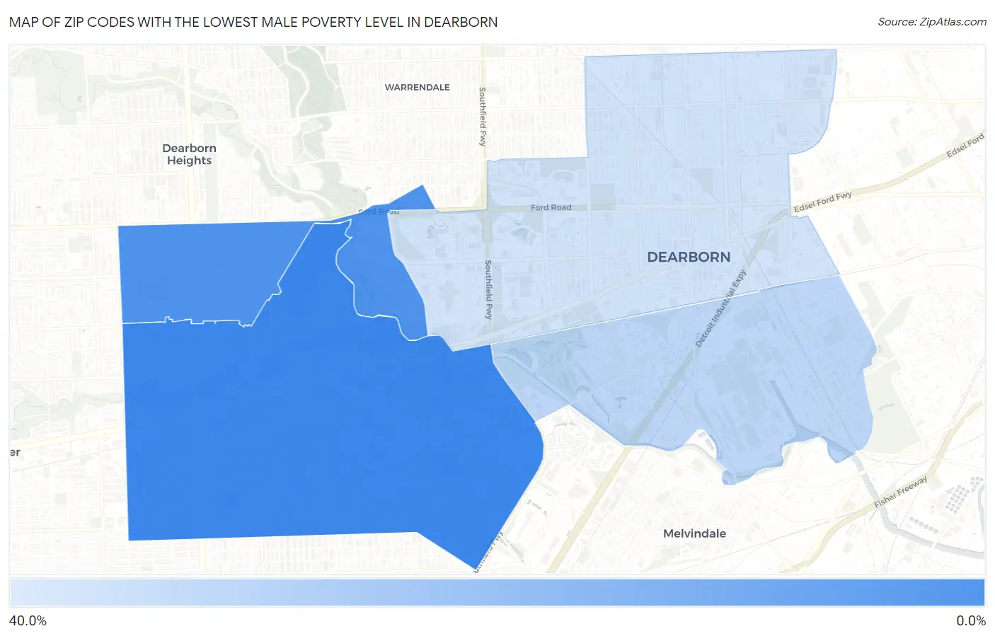 Zip Codes with the Lowest Male Poverty Level in Dearborn Map