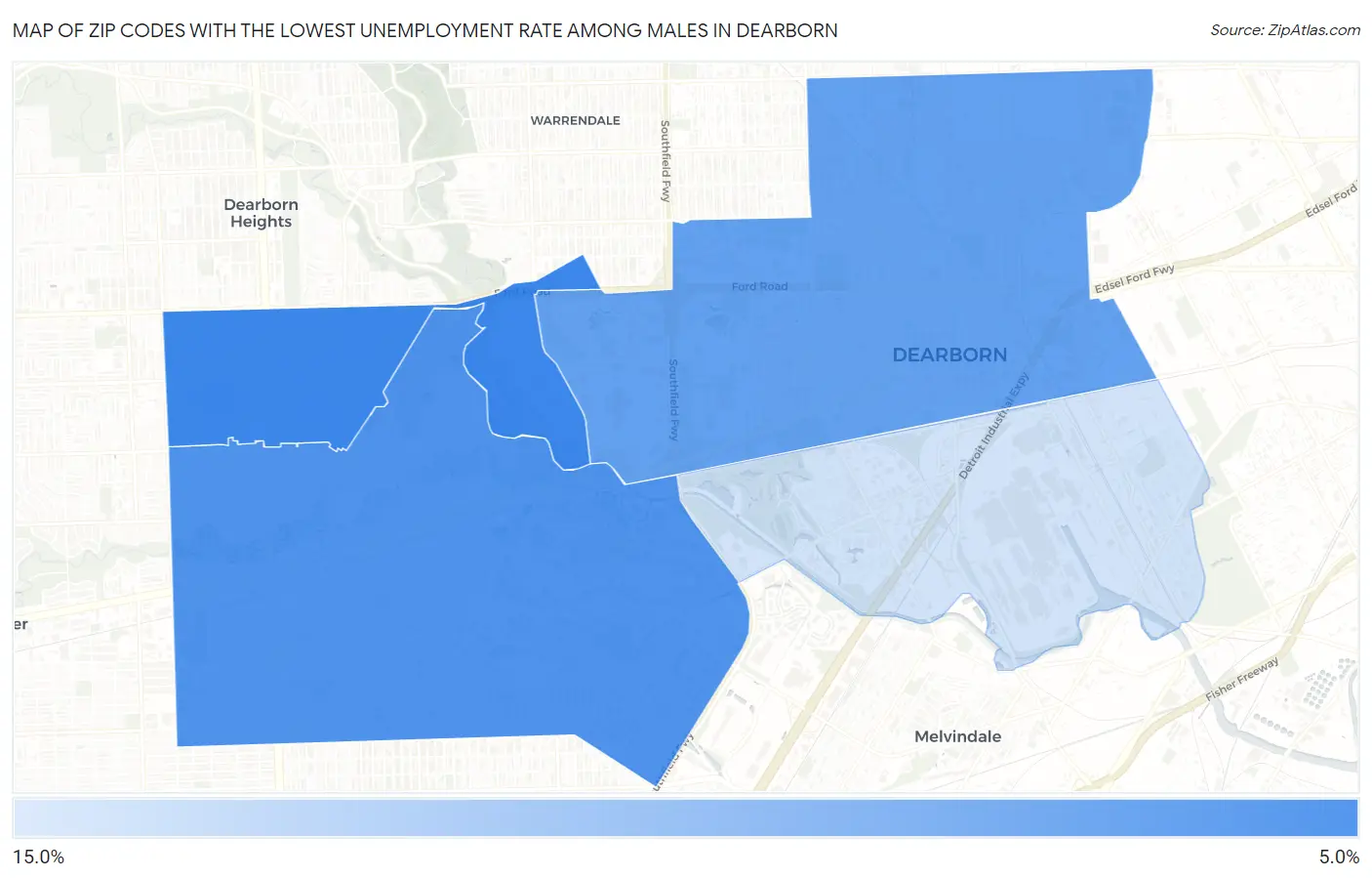 Zip Codes with the Lowest Unemployment Rate Among Males in Dearborn Map