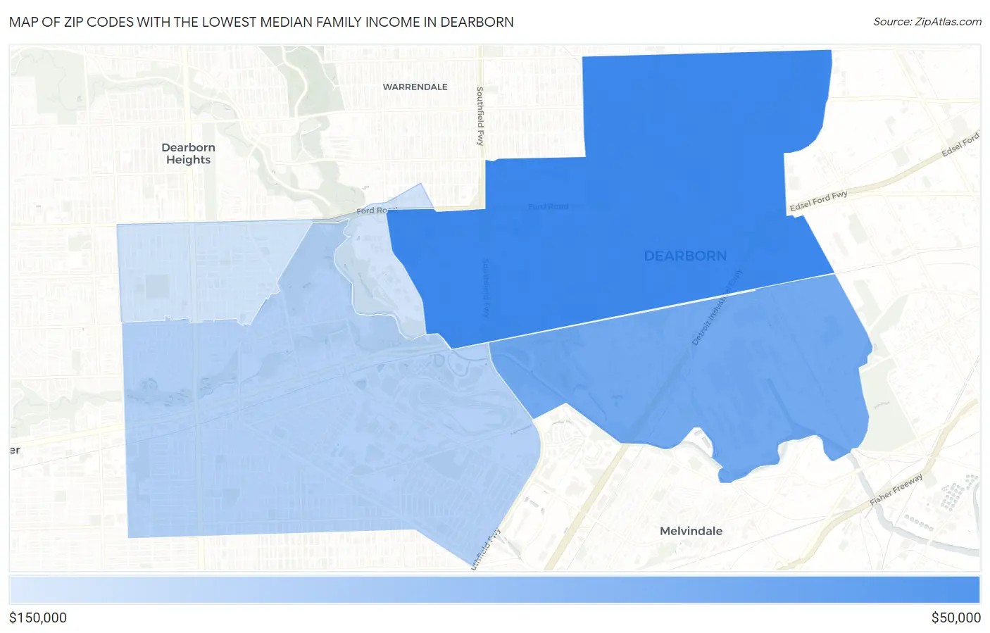 Zip Codes with the Lowest Median Family Income in Dearborn Map