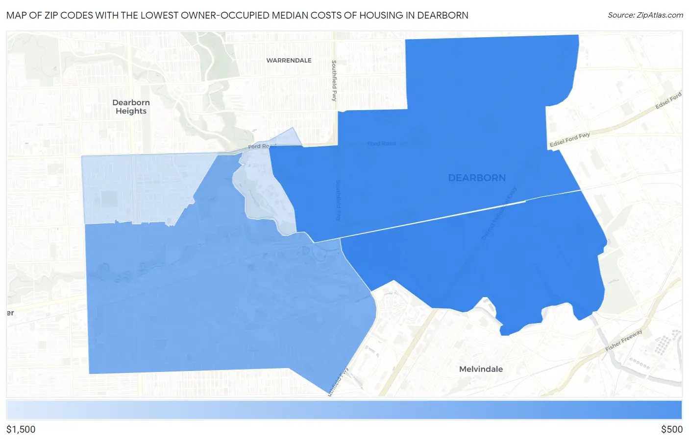Zip Codes with the Lowest Owner-Occupied Median Costs of Housing in Dearborn Map