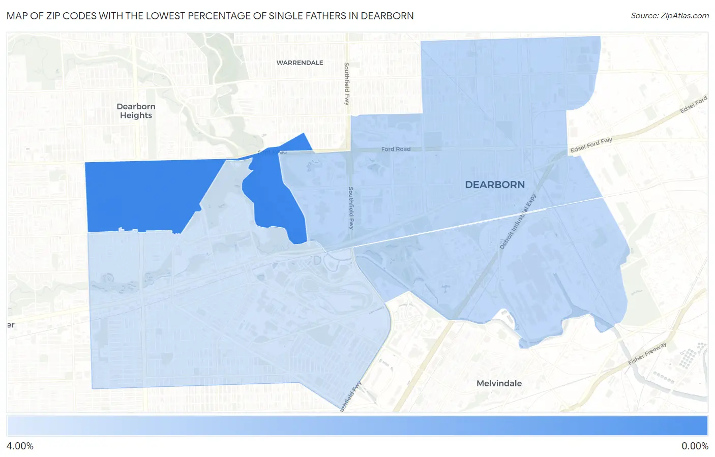 Zip Codes with the Lowest Percentage of Single Fathers in Dearborn Map