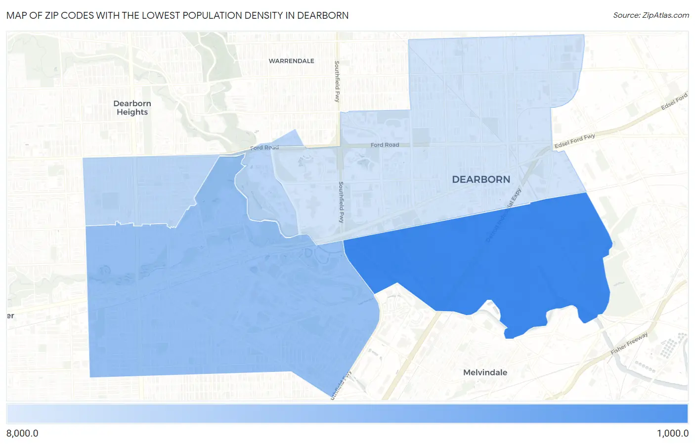 Zip Codes with the Lowest Population Density in Dearborn Map