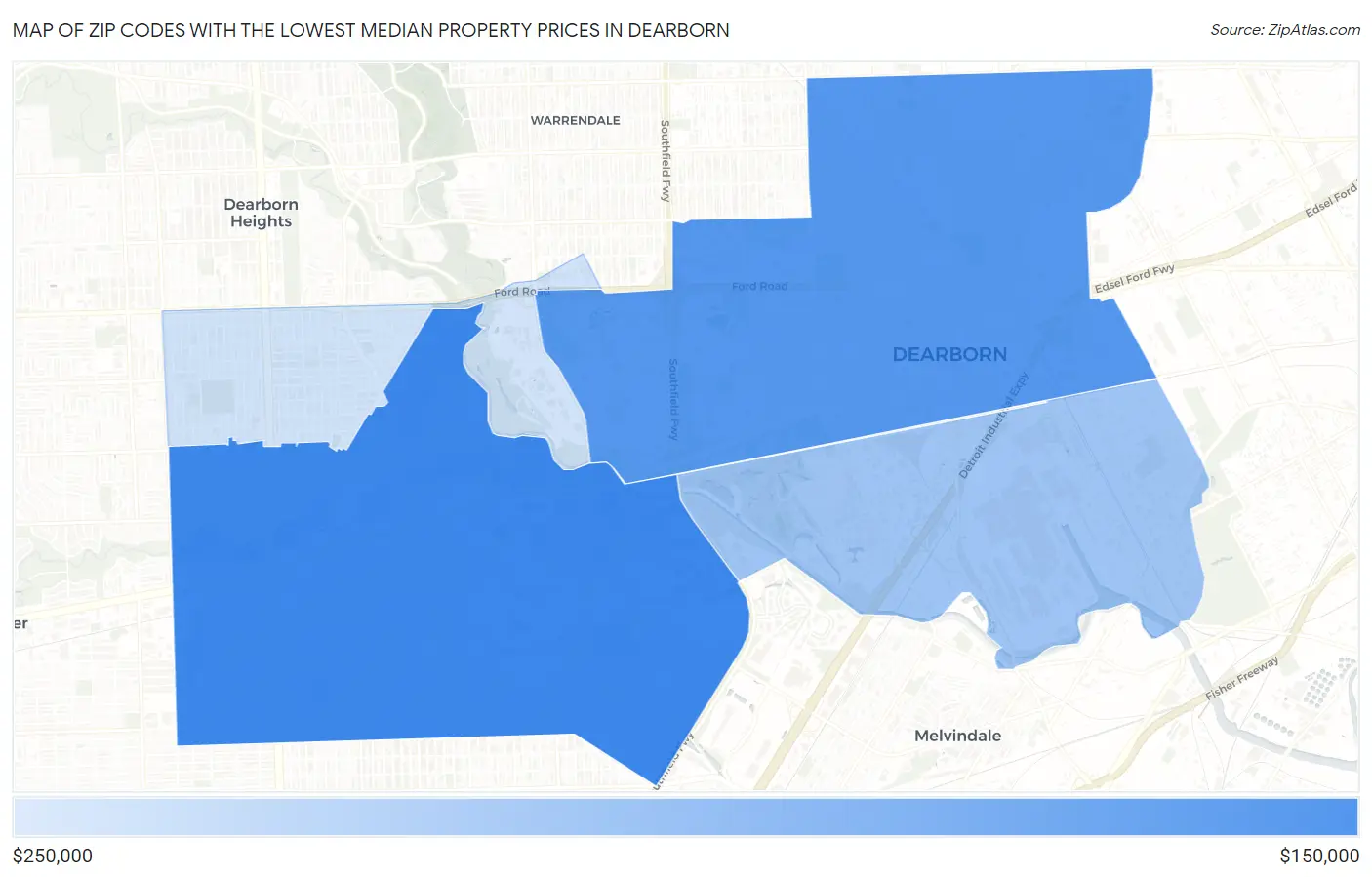 Zip Codes with the Lowest Median Property Prices in Dearborn Map