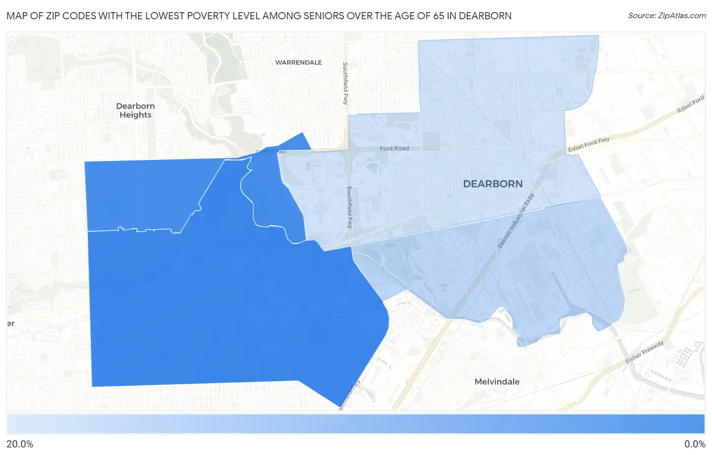 Zip Codes with the Lowest Poverty Level Among Seniors Over the Age of 65 in Dearborn Map