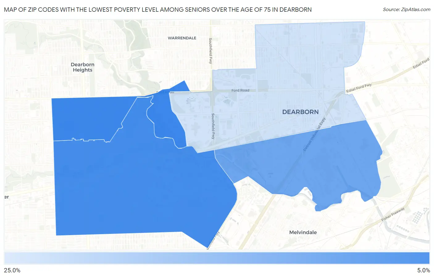 Zip Codes with the Lowest Poverty Level Among Seniors Over the Age of 75 in Dearborn Map