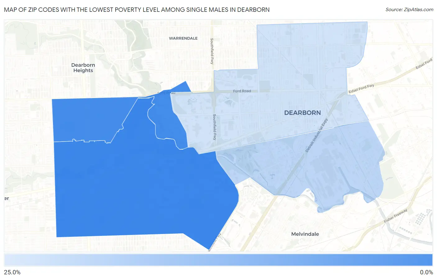 Zip Codes with the Lowest Poverty Level Among Single Males in Dearborn Map