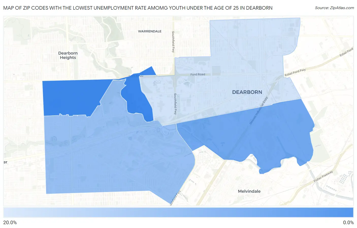 Zip Codes with the Lowest Unemployment Rate Amomg Youth Under the Age of 25 in Dearborn Map