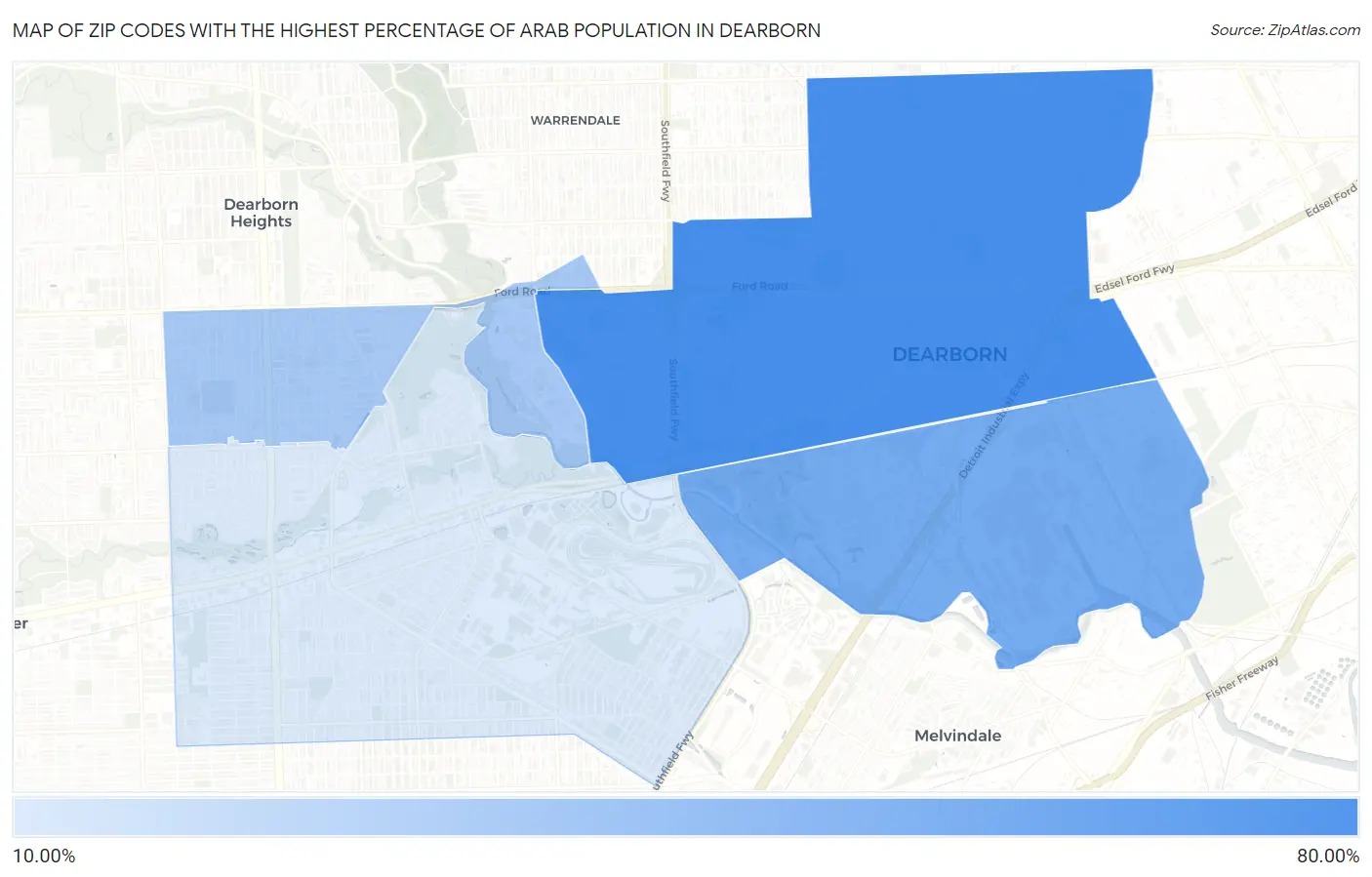 Zip Codes with the Highest Percentage of Arab Population in Dearborn Map
