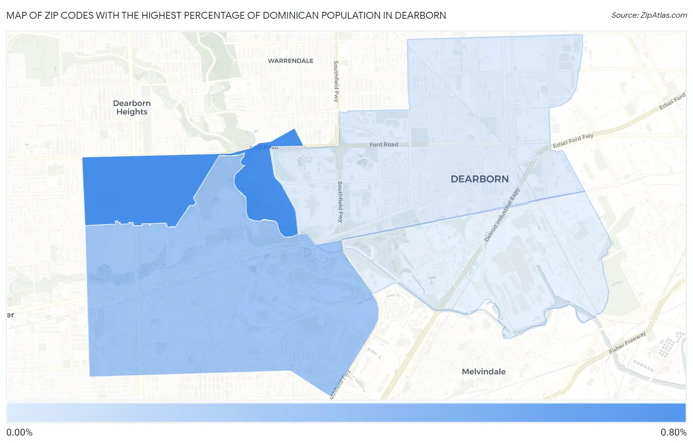 Zip Codes with the Highest Percentage of Dominican Population in Dearborn Map