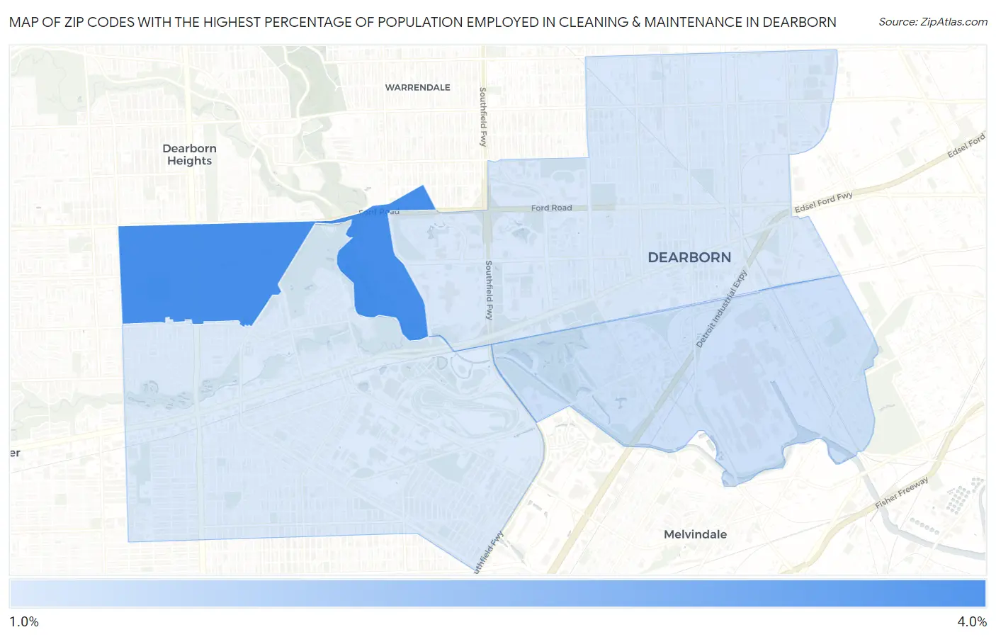 Zip Codes with the Highest Percentage of Population Employed in Cleaning & Maintenance in Dearborn Map